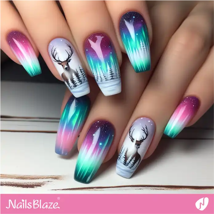 Gradient Aurora Nails with Reindeer Design | Polar Wonders Nails - NB3143